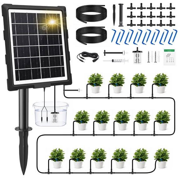 FOUKUS Solar Drip Irrigation System: Automatic Drip Irrigation Kit, Plant Watering System with 6-Mode Timer & Pump Protection - Up to 15 Plants, 50-Day Vacation Care for Raised Beds & Patio