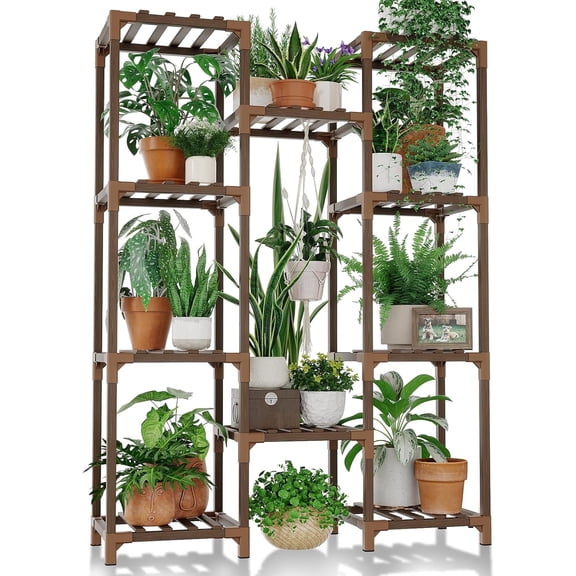 FOUKUS Tall Plant Stand for Indoor & Outdoor Use – Multi-Tier Wooden Plant Shelf for Multiple Plant Pots, Large Stable Flower Holder for Living Room, Patio, Balcony, or Garden, Brown