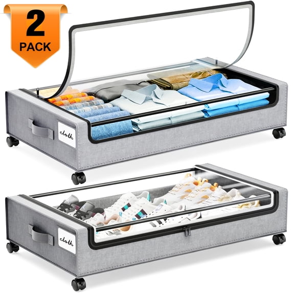 FOUKUS Under Bed Storage with Wheels:2 Pack Under the Bed Storage Bins, Collapsible Under Bed Storage Bags for Clothes, Sheets,Shoes,Linen-like Grey