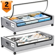 FOUKUS Under Bed Storage with Wheels2 Pack Under the Bed Storage Bins, Collapsible Under Bed Storage Bags for Clothes, Sheets,Shoes,Linen-like Grey