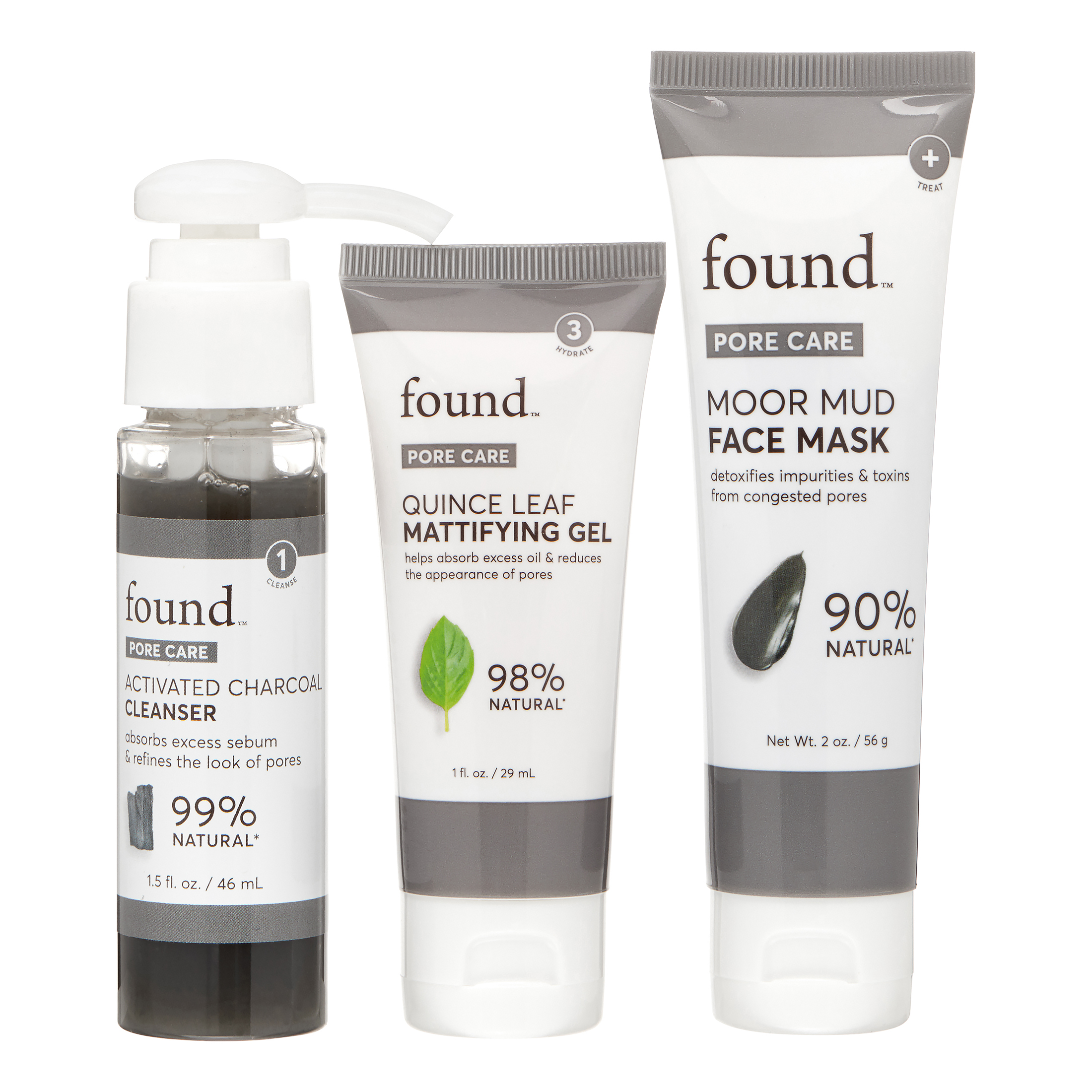 FOUND PORE CARE Facial Detox Kit: Activated Charcoal Cleanser, Quince Leaf Mattifying Gel, Moor Mud Face Mask - image 1 of 10