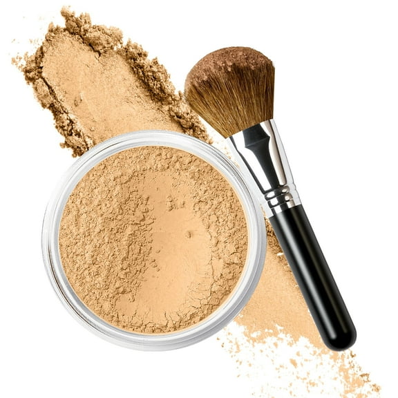 FOUNDATION with FLAWLESS FACE BRUSH Mineral Makeup (BEIGE) Matte Natural Loose Powder Bare Skin Cosmetics Full Coverage Long Lasting All Skin Types SPF 18