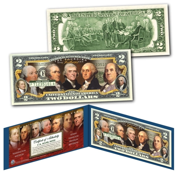 FOUNDING FATHERS OF THE UNITED STATES Colorized Obverse $2 Bill US Legal Tender