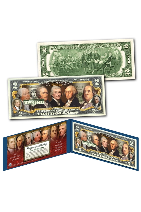 FOUNDING FATHERS OF THE UNITED STATES Colorized Obverse $2 Bill US Legal Tender