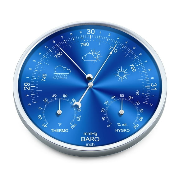 FOUNDLDF 3-in-1 All-Season Wall Hanging Thermometer, Barometer, Hygrometer | Accurate Weather Station for Home and Office | Fahrenheit Edition in/Outdoor, Blue
