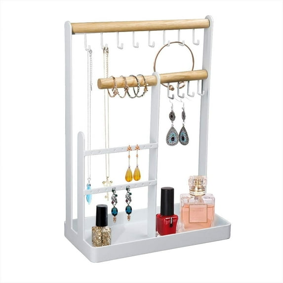 FOUNDLDF 4 Tier Jewellery Organiser with 12 Necklace Hooks and 18 Earring Holes for Necklaces Bracelets Rings, White