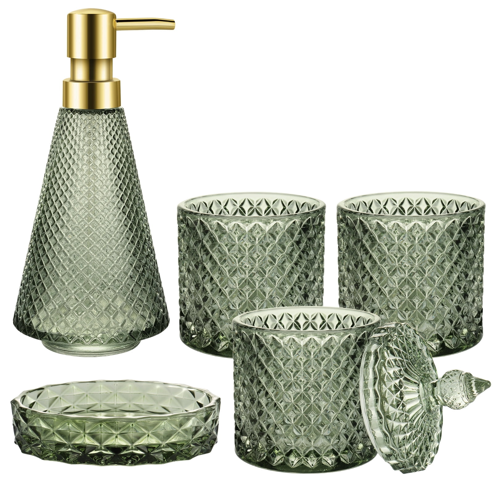 FOUNDLDF 5Pcs Clear Glass Bathroom Accessories, Bathroom Accessories Set with Lotion Soap Dispenser, Soap Dish, Tumbler, Cotton Swab Jars, Green