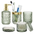 thumbnail image 1 of FOUNDLDF 5Pcs Glass Bathroom Accessory Complete Set，Bathroom Glass Accessories Set (Lotion Soap Dispenser, Soap Dish, Toothbrush Holder, Tumbler, Cotton Swab Jar) (Green), 1 of 8