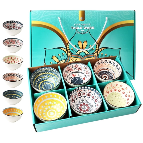 FOUNDLDF 6-Piece Bohemian Style Ceramic Bowl Set | 10 oz Creative Dessert Bowls | Snack & Fruit Bowls for Home | Microwave & Dishwasher Safe