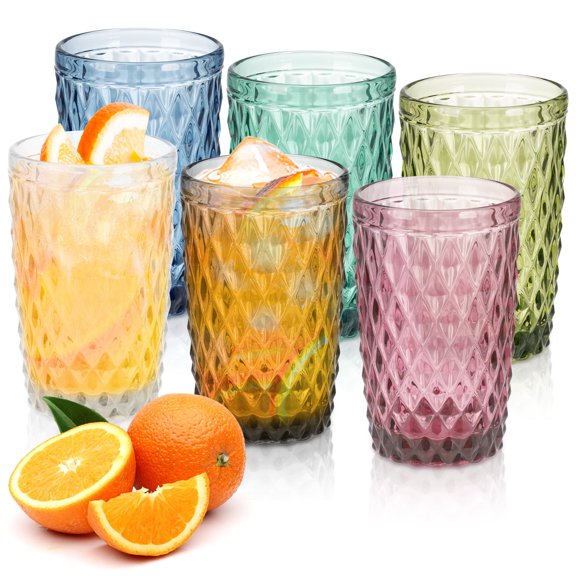 FOUNDLDF 6PCS Kitchen Glasses, 12 oz Coloured Glass Cups, Embossed Diamond Pattern Glasses for Water, Cocktails, Milk and Beverages