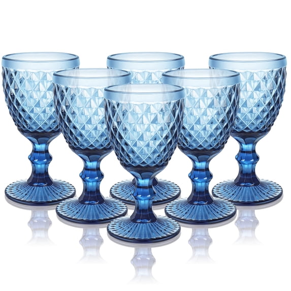 FOUNDLDF 6PCS Vintage Embossed Glass Goblets ,240ml/8 oz Wine Glasses for Cocktails, Ice Cold Drinks, Party，Blue