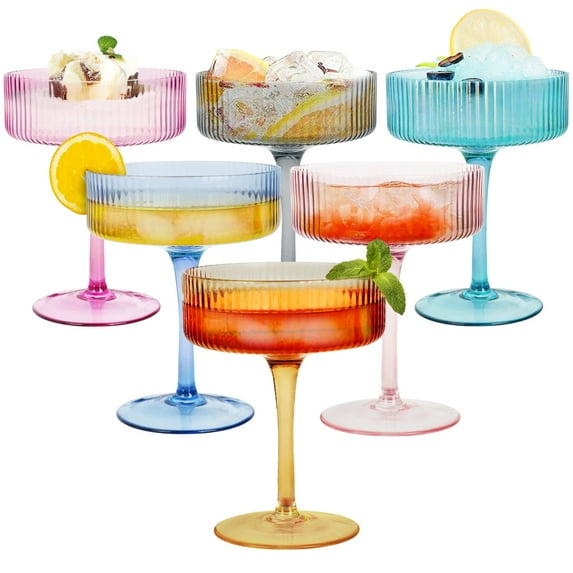 FOUNDLDF 6Pcs Corrugated Vintage Champagne Glasses, Mixed Colour Cocktail Glasses, Classic Martini Glasses, Home Party Glasses, Suitable for Champagne and Cocktails