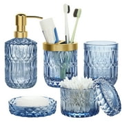 FOUNDLDF  Bathroom Accessories Set, 5 Pcs Clear Glass Bathroom Accessories with Lotion Soap Dispenser, Soap Dish, Toothbrush Holder, Bathroom Tumbler, Cotton Swab Jars,Blue