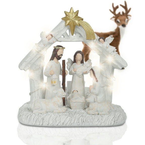FOUNDLDF Nativity Scene Ornament with String of Lights, Carved Hand Painted Nativity Figures - Christmas Story Decorations, Holiday Manger Figurine Nativity Set for Indoor Home Decor