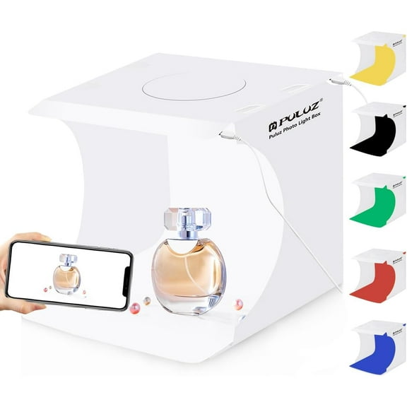 FOUNDLDF Photo Studio Box with LED Light, 23cm Mini Portable Photography Lighting Tent Kit, Foldable Shooting Softbox with 2x20 Lights + 6 Backdrops for Product Display,White