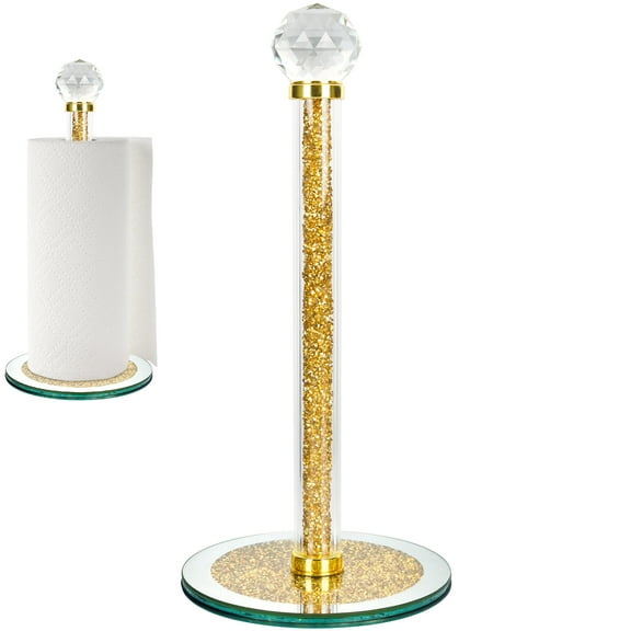 FOUNDLDF Round Base Vertical Paper Towel Holder with Sparkling Crystal Crushed Diamond Accents for Kitchen, Dining Table and Bathroom, Gold