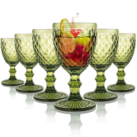 FOUNDLDF Wine Glasses, Vintage Embossed Green Tall Wine Glasses Set of 6 - 240ml Clear Glasses for Wedding Party Bar