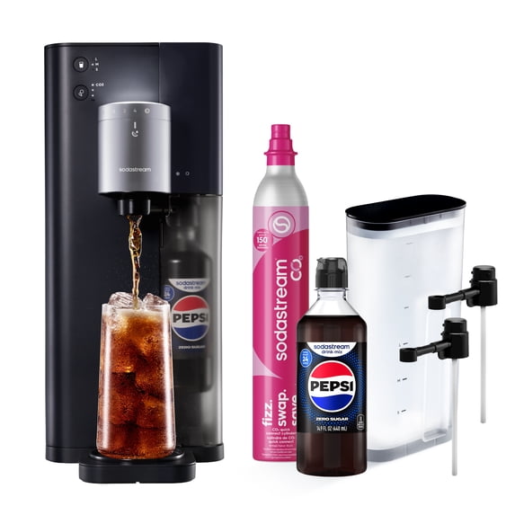 Sodastream Fountain Sparkling Drink Maker Black/Silver, Includes CQC CO2, Water Tank, 2 Flavor Connect Caps, and Pepsi Zero Drink Mix, 14.9oz