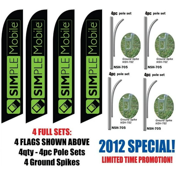 FOUR Custom Simple Mobile SimpleMobile Wireless 16ft Feather Banner Flag Set - INCLUDES 15FT POLE KITS w/HARDWARE