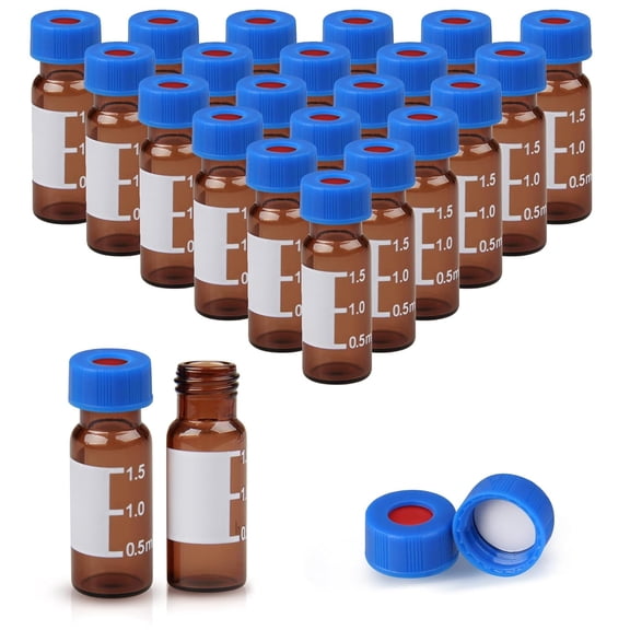 FOUR E's Scientific 2ml Autosampler Vials, 1000Pcs Borosilicate Glass HPLC/GC Vial, 9-425 Amber Vials with Red PTFE/White Silicone Septa, Writing Area and Graduations