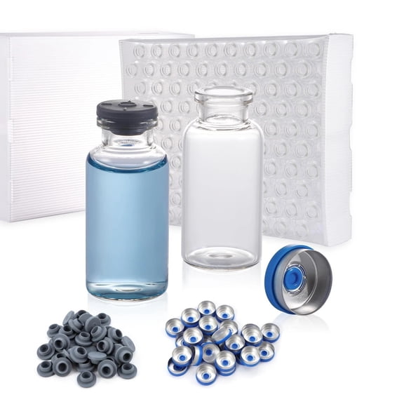 FOUR E's Scientific 100 Pack 20ml Glass Vials, Headspace Vials with Plastic-Aluminum Flip off Caps & Rubber Stoppers, 20mm Crimp Top