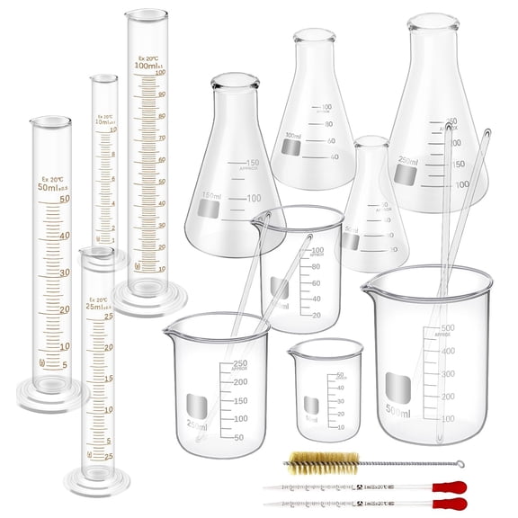 FOUR E's Scientific 19Pcs Lab Glassware Set, Beaker 50/100/250/500mL, Flask 50/100/150/250mL, Cylinder 10/25/50/100mL, 4 Stirring Rods, 2 Droppers & 1 Brush