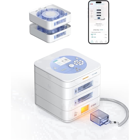 FOUR E's Scientific 28-Day Automatic Pill Dispenser, App & on-Device Setup, LCD Display, Digital Lock, Sound & Light Alerts, Pill Organizer for Dementia Seniors, 2-Tray