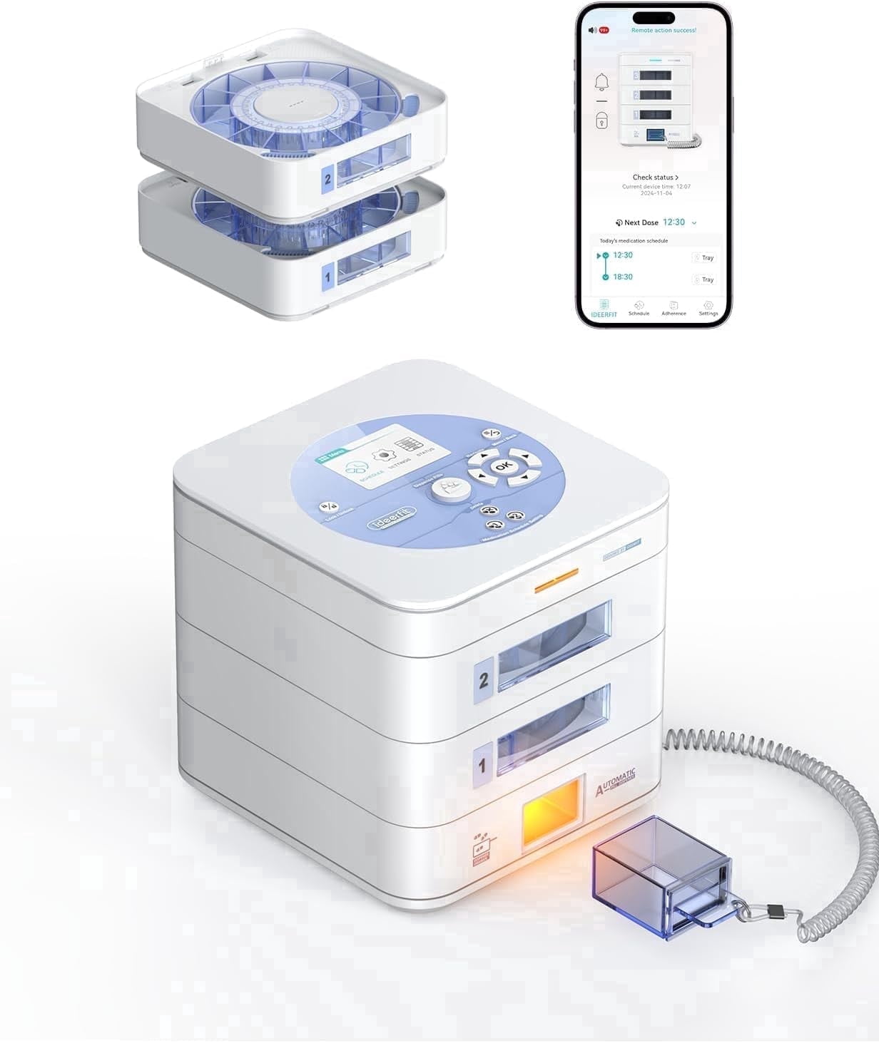 FOUR E's Scientific 28-Day Automatic Pill Dispenser, App & on-Device Setup, LCD Display, Digital Lock, Sound & Light Alerts, Pill Organizer for Dementia Seniors, 2-Tray