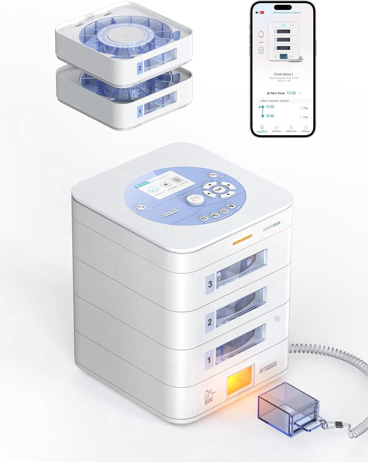 FOUR E's Scientific 42-Day Automatic Pill Dispenser, App & on-Device Setup, LCD Display, Digital Lock, Sound & Light Alerts, Pill Organizer for Dementia Seniors, 3-Tray