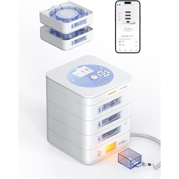 FOUR E's Scientific 42-Day Automatic Pill Dispenser, App & on-Device Setup, LCD Display, Digital Lock, Sound & Light Alerts, Pill Organizer for Dementia Seniors, 3-Tray