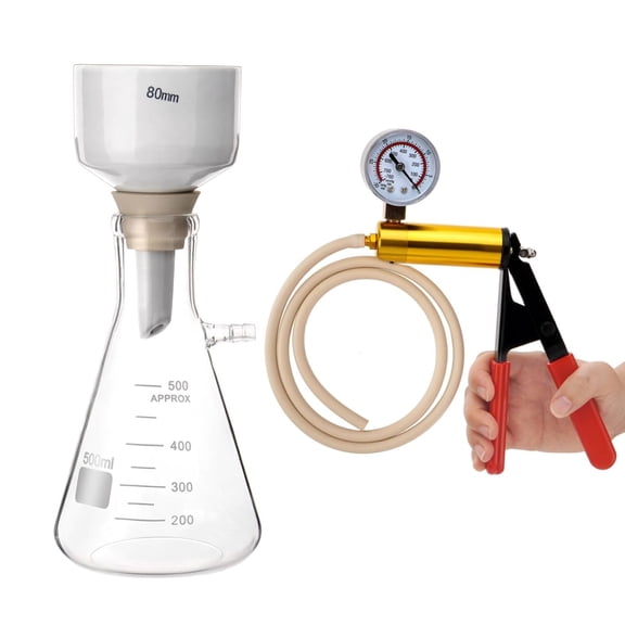 FOUR E's Scientific 500ml Buchner Funnel Filtering Kit with Hand Vacuum Pump, 500ml Vacuum Flask, Vacuum Tube, Rubber Stoppers Set and 100Pcs Filter Paper