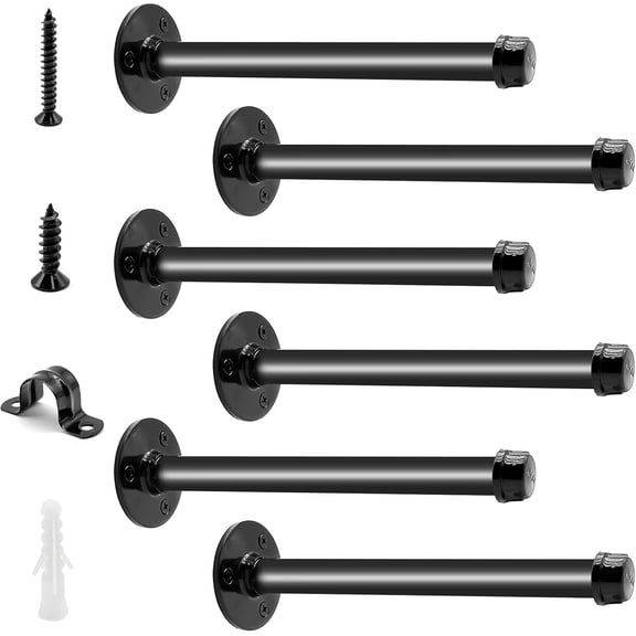 FOUR E's Scientific 6 Pack Pipe Shelf Brackets 12 Inch, Wall Mounted Heavy Duty Metal Shelving Brackets for DIY Shelves