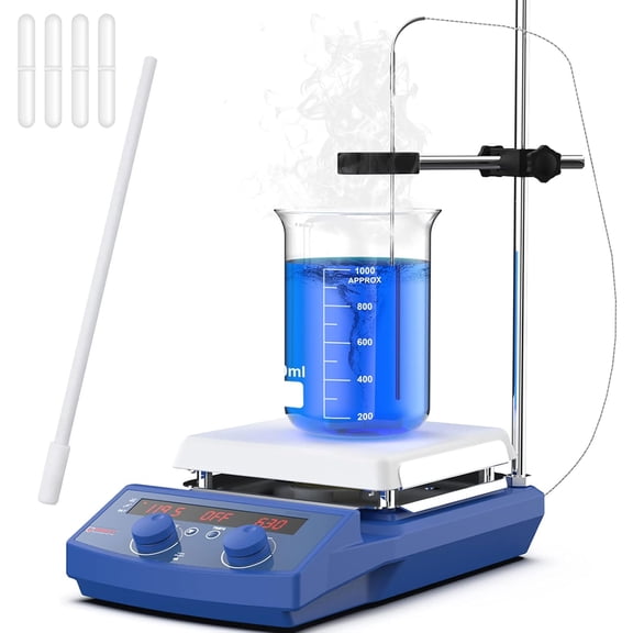 FOUR E's Scientific 7 inch Magnetic Stirrer, 50-1500RPM, Max Stirring Capacity 20L, 950°F Lab Hot Plate with Stir Bars, Support Stand, Temp Probe Sensor & Stir Bar Retriever