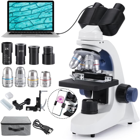 FOUR E's Scientific Compound Binocular Microscope for Adults & Students, 40X-2000X Magnification with LED Illumination, WF10x & WF25x Eyepieces, for Lab, School, Home Education