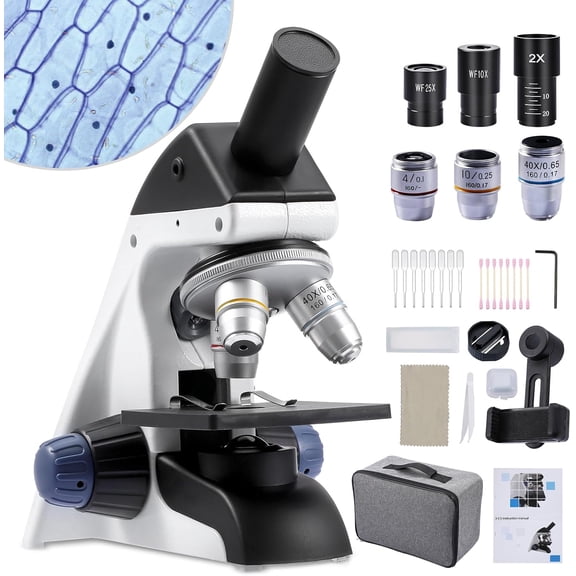 FOUR E's Scientific Compound Microscope for Adults & Students, 40X-2000X High-Power Biological Microscope for School, Home & Lab, with Slides Set & Phone Adapter