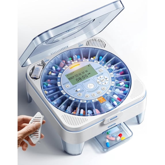 FOUR E's Scientific 28-Day Automatic Pill Dispenser, One-Press Daily Dispense, No APP, Easy-to-Use Slide-Door Cup, Sound & Light Alerts, Pill Organizer for Tablets & Capsules