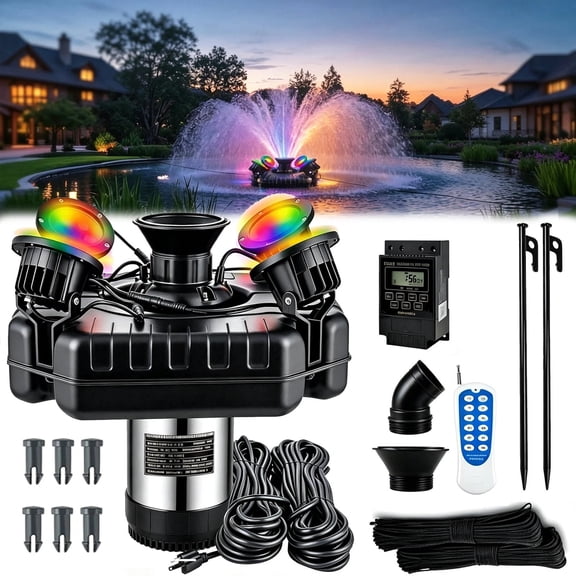 FOUR E's Scientific Pond Fountain Aerator with 4 RGB Lights,1HP 15000GPH Pond Aerator with 100FT Power Cord, Timer, Lighting Remote Control, 110V 750W