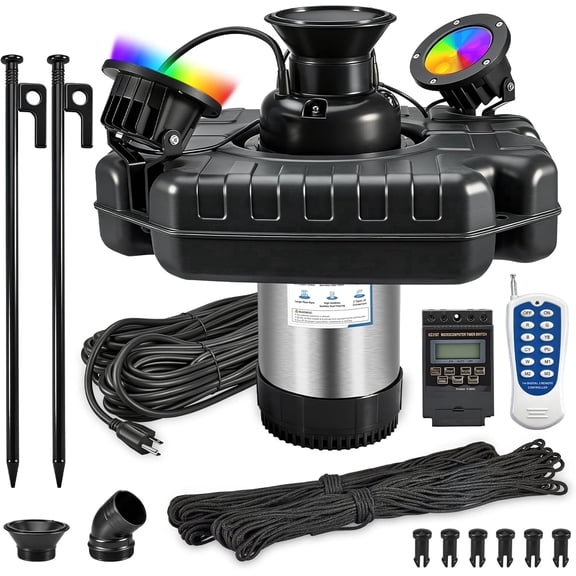 FOUR E's Scientific Pond Fountain Aerator with Lights, 1HP 15000 GPH Stainless Steel Floating Fountain with Timer, 100ft Power Cord, 110V 750W, for Outdoor Backyard Water Garden