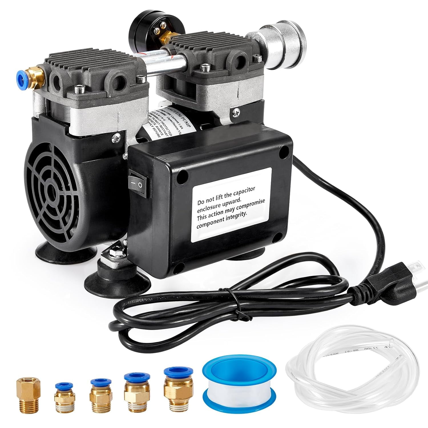 FOUR E's Scientific Vacuum Pump 50L/Min, Oilless Lab Pump with Upgraded Capacitor, Vacuum Meter, Aluminum Silencer, for Laboratory Electronics Industry
