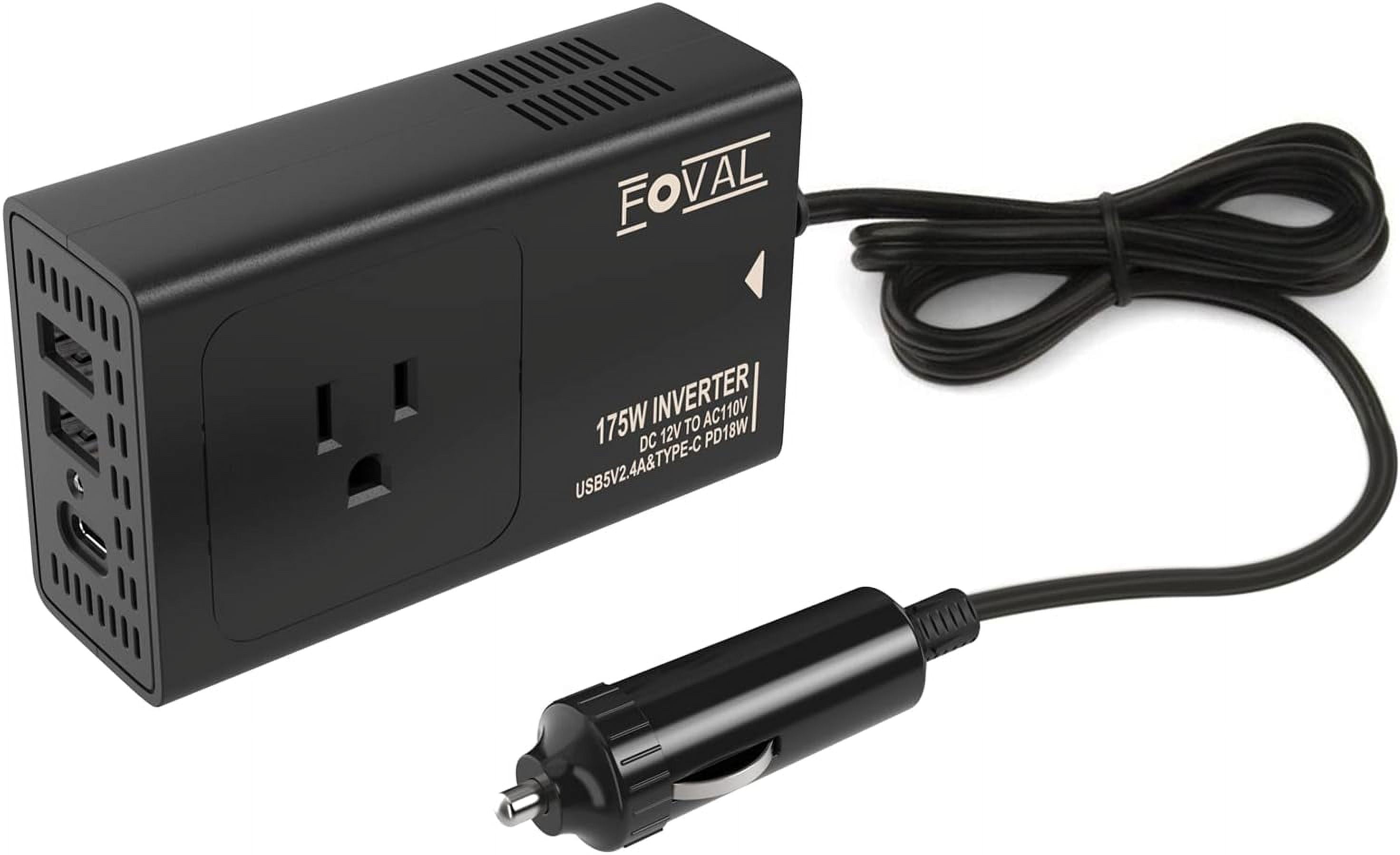 FOVAL 175W Car Power Inverter DC 12V to 110V AC Car Inverter with [18W PD USB-C] & Dual 4.8A USB Car Charger Power Inverter for Laptop