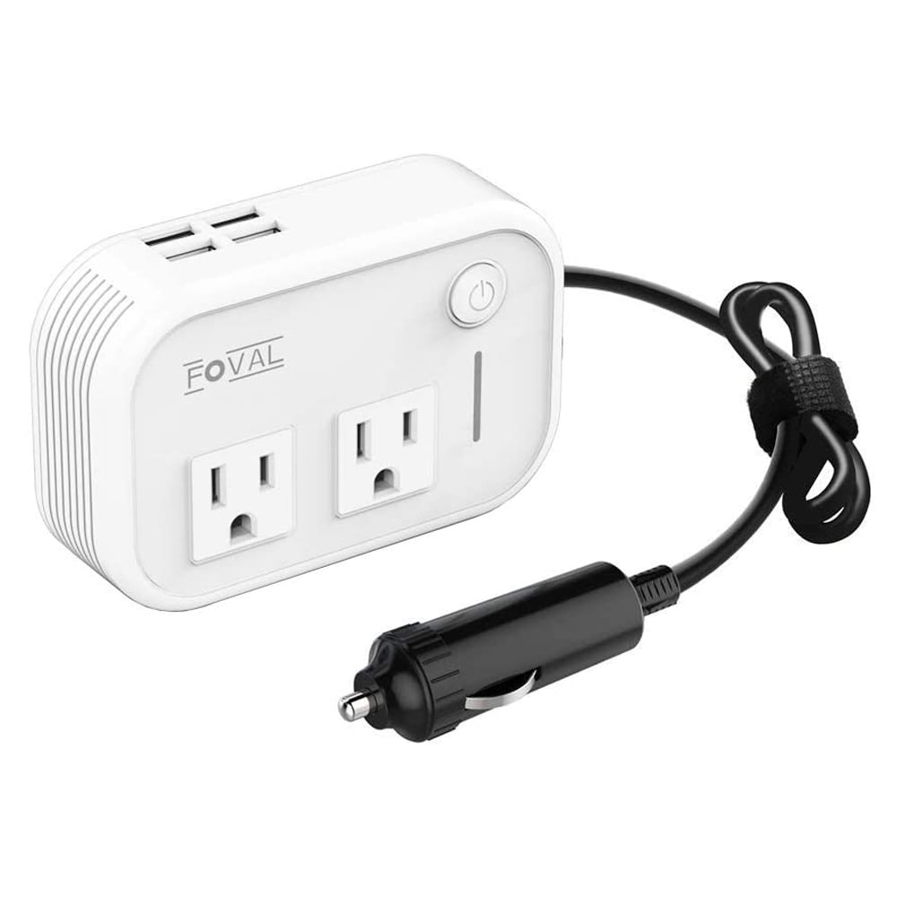 FOVAL 200W Car Power Inverter DC 12V to 110V AC Converter with 4 USB Ports Car Laptop Charger, Car Adapter for Plug Outlet (White)