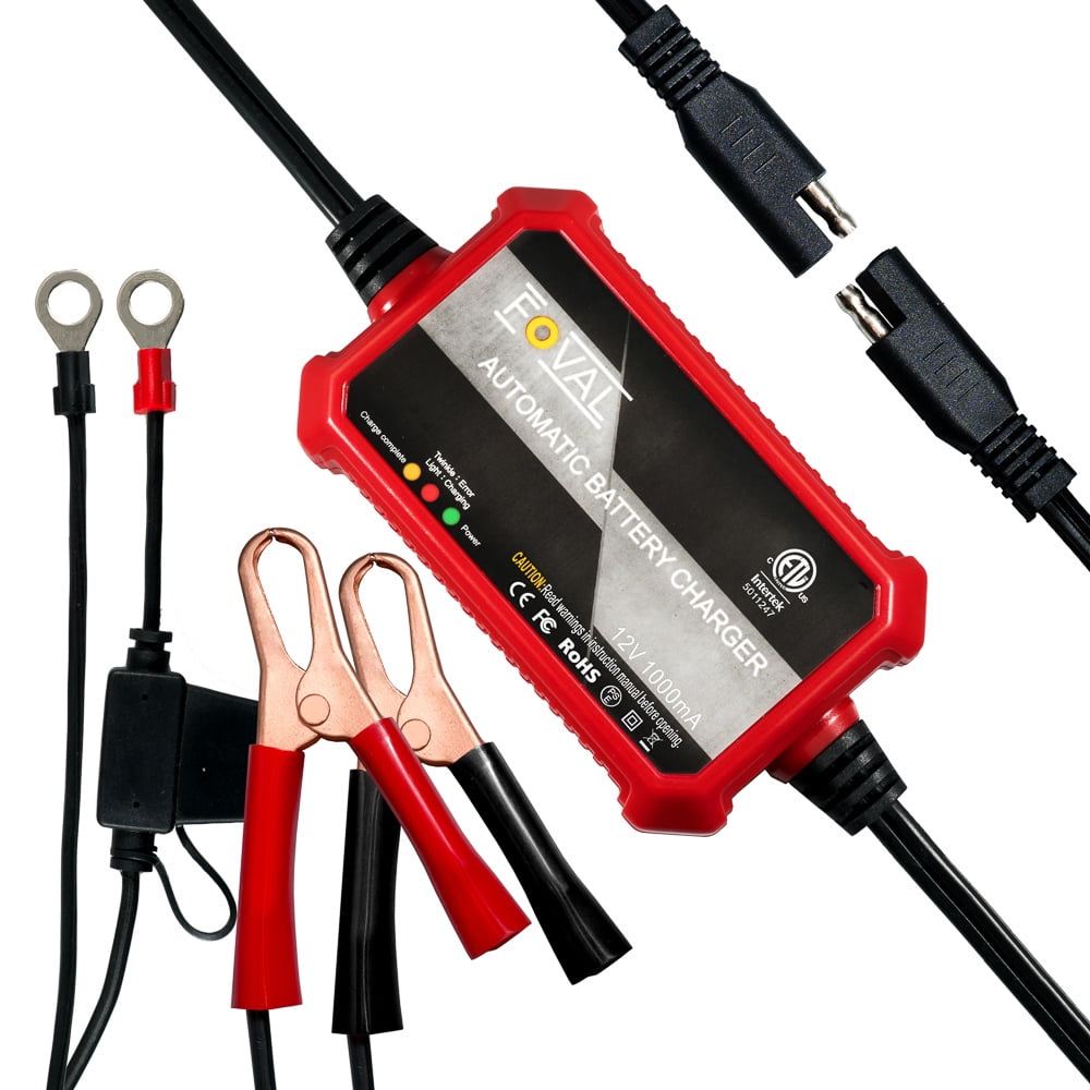 FOVAL Automatic Trickle Battery Charger 12V 1000mA Smart Car Battery Charger Maintainer, Trickle Charger for Motorcycle, ATVs, RVs, Boats and More