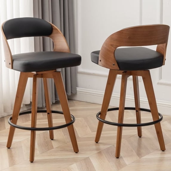 FOWEOAIU Bar Stools Leather Upholstered Adjustable Swivel Counter Stool 26",with Footrest for Bar, Kitchen Island, Bistro, Black (Set of 2)