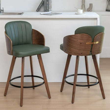 FOWEOAIU Bar Stools Leather Upholstered Swivel 26" Counter Stool for Bar Kitchen Island Bistro , Green (Set Of 2)