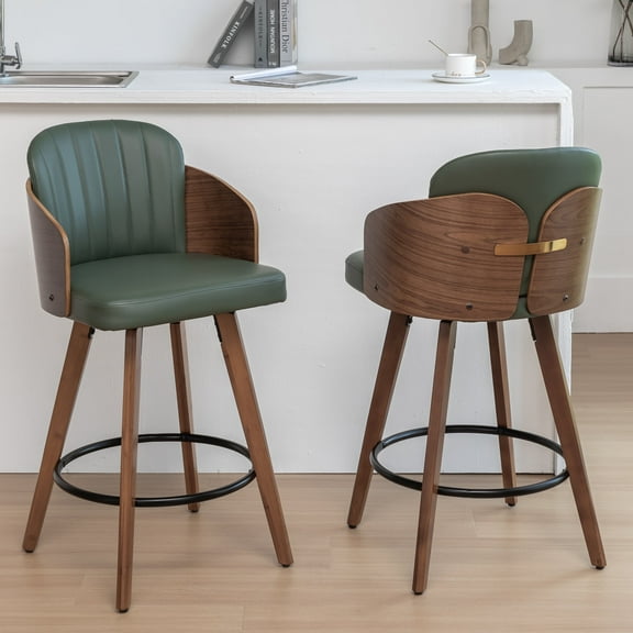 FOWEOAIU Bar Stools Leather Upholstered Swivel 26" Counter Stool for Bar Kitchen Island Bistro , Green (Set Of 2)