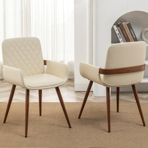 FOWEOAIU Modern Dining Chairs,Leather Upholstered Walnut Wood Kitchen Dining , Beige (Set of 2) 