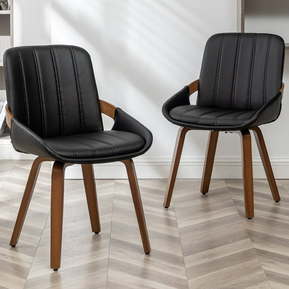 FOWEOAIU Modern Dining Chairs,Leather Upholstered Walnut Wood Kitchen Dining , Black (Set of 2) 