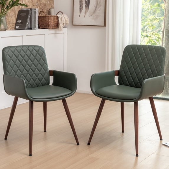 FOWEOAIU Modern Dining Chairs,Leather Upholstered Walnut Wood Kitchen Dining , Green (Set of 2) 
