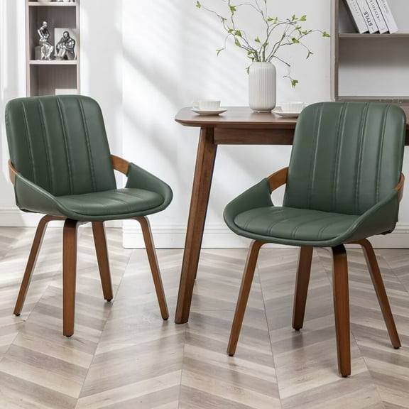 FOWEOAIU Modern Dining Chairs,Leather Upholstered Walnut Wood Kitchen Dining , Green (Set of 2) 