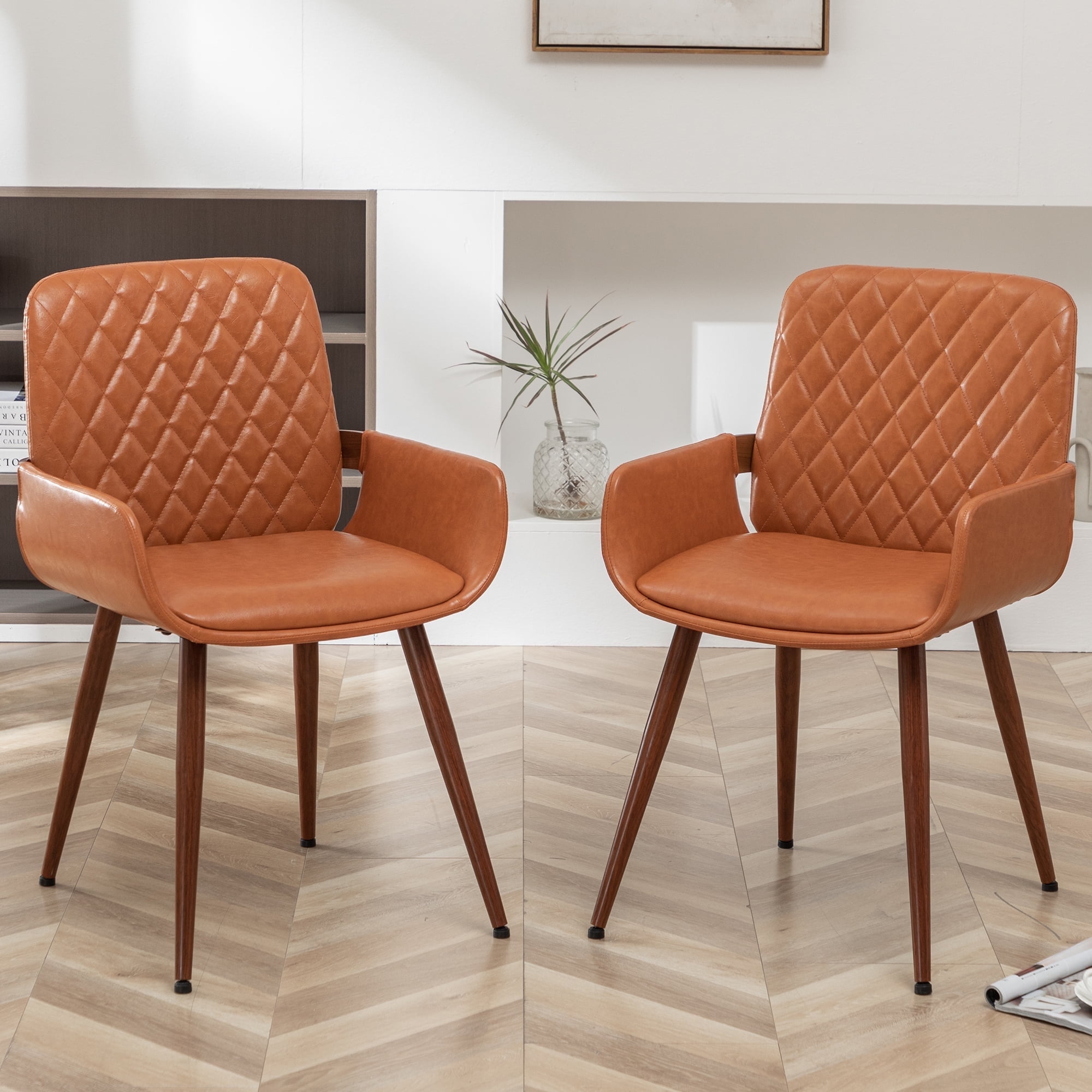 FOWEOAIU Modern Dining Chairs,Leather Upholstered Walnut Wood Kitchen Dining , Orange (Set of 2 ...